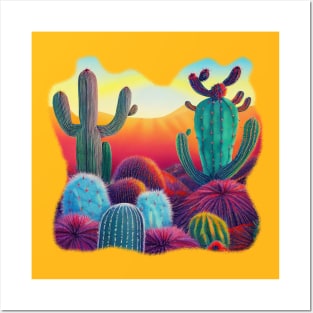 Desert Bloom, A Vibrant painting, Sunset on Cactus Plateaus Posters and Art